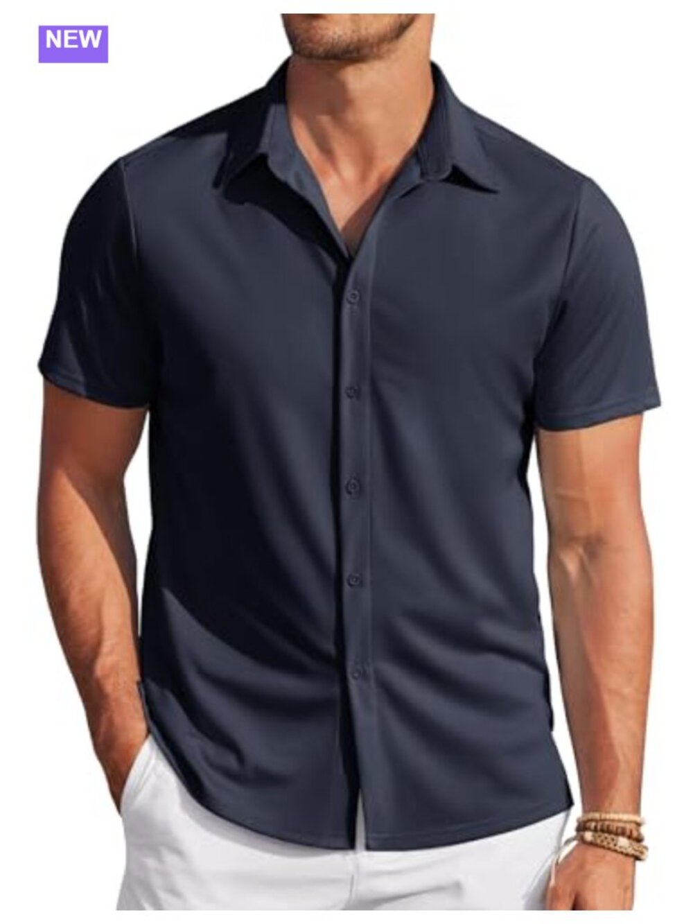 Mens Wrinkle Free Short Sleeve Button Down Stretch Casual Dress Shirt